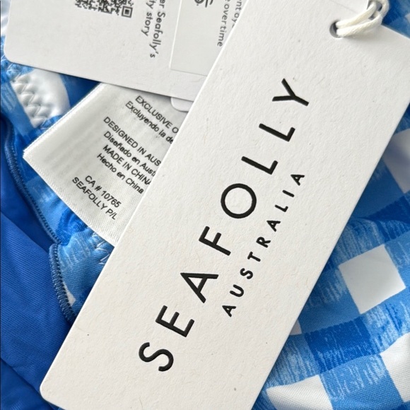 Seafolly US 10 Hipster Tie Side Ciao Bella Check Azure Blue White Gingham Bikini - Picture 6 of 10